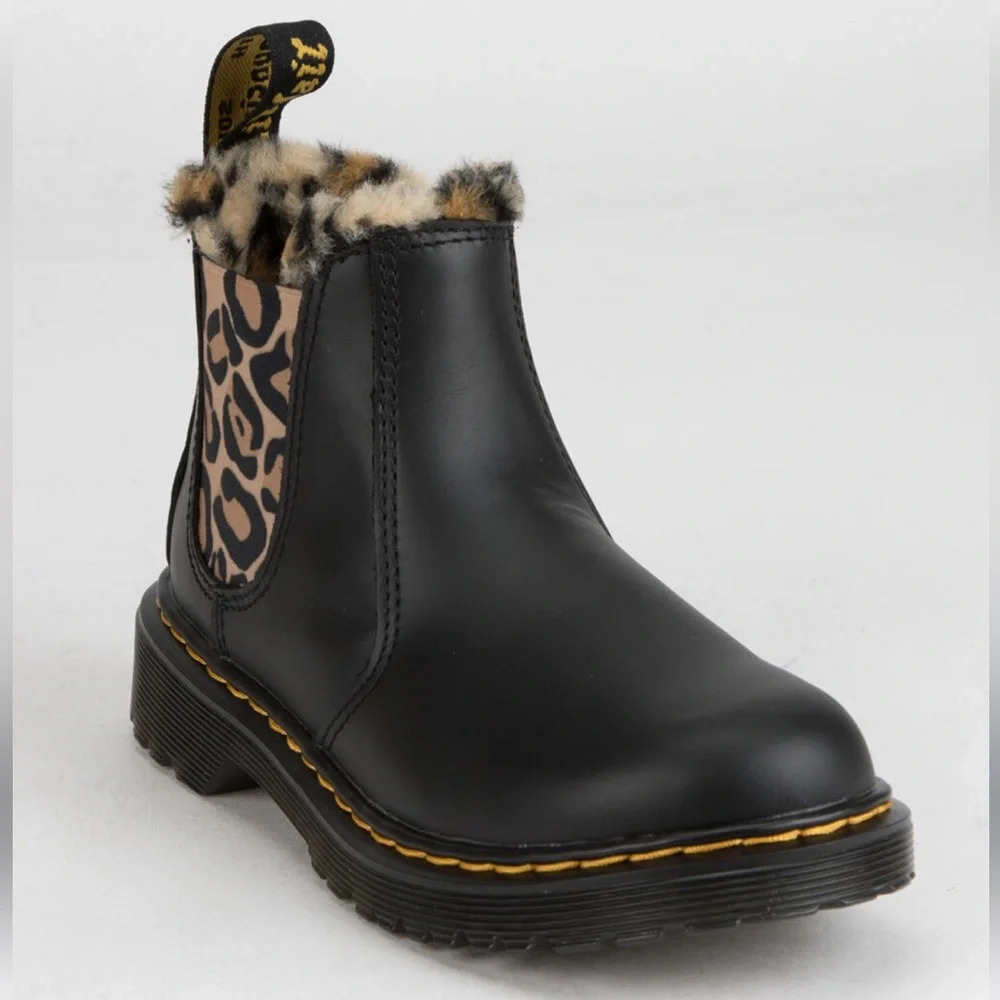 Dr. Martens Kids Black Chelsea Boot with Leopard Trim